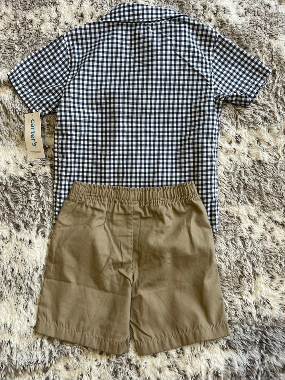 Carters toddler boys 2 piece gingham button down shirt & khaki shorts set 3T NWT